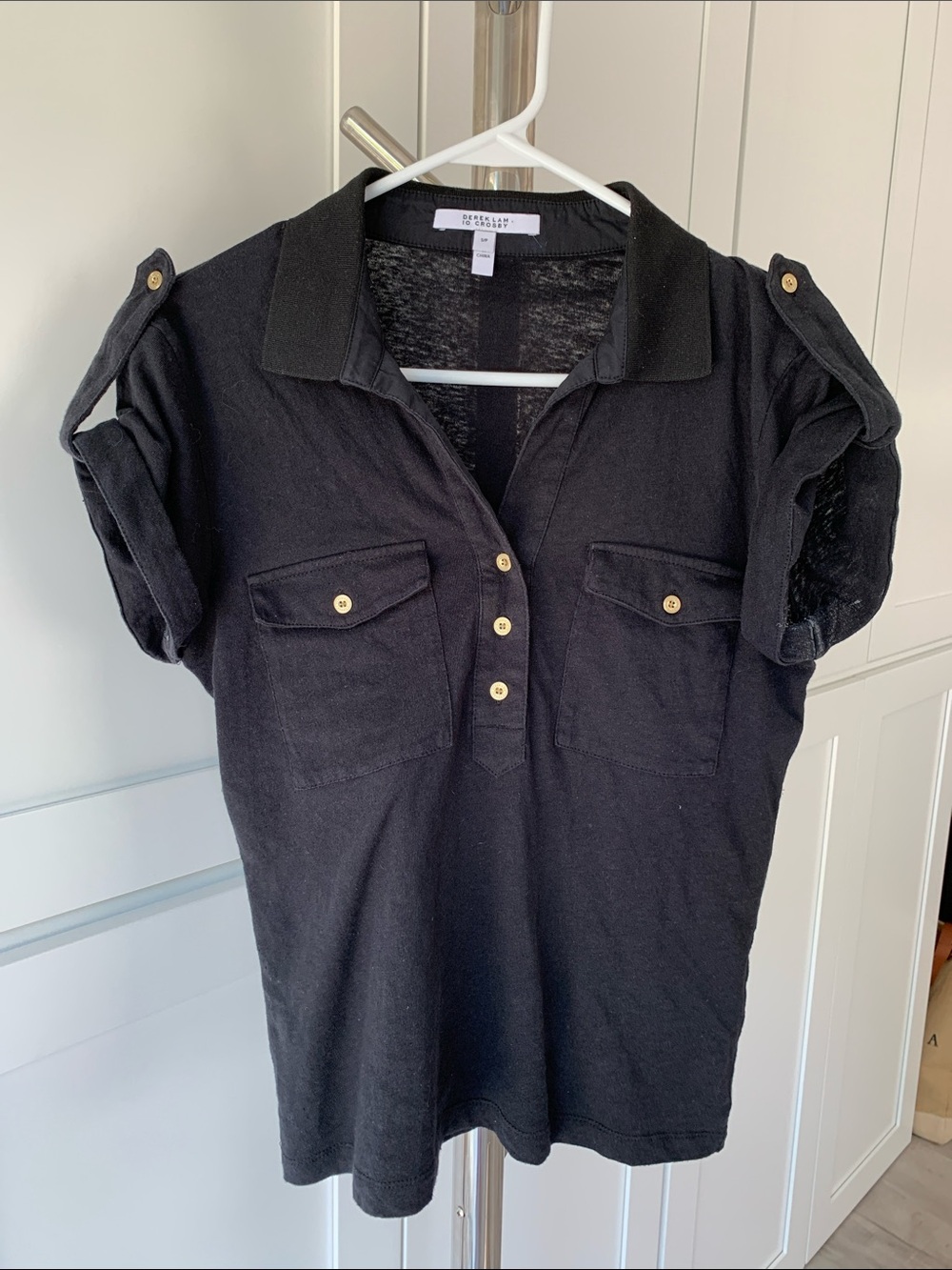 Derek Lam Black Short Sleeve Polo Tee with Button Details, Size S/P.